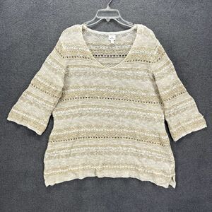 Dressbarn Top Womens 2X Beige Striped Open Knit Scoop Neck 3/4 Sleeve